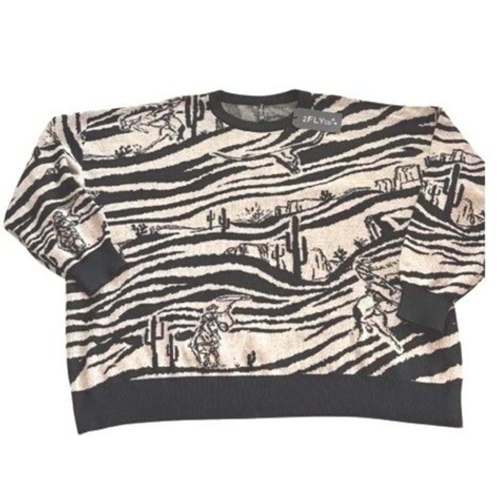 2 Fly Co Womens L/XL Western Cactus Zebra Knit Sweater Oversized Cowgirl NWT
